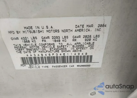 2004 Mitsubishi Galant Es from USA, damaged, VIN 4A3AB46F34E114940